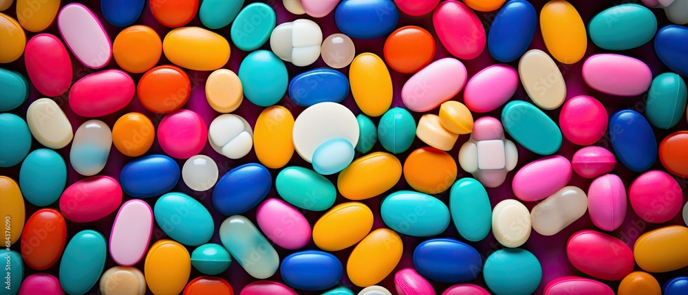 Medicine background with multi-color capsules and tablets, creating dynamic pattern symbolizes the diversity of pharmaceuticals and medication Medicine background with multi-color capsules and tablets, creating dynamic pattern symbolizes the diversity of pharmaceuticals and medication