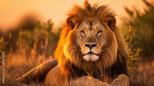 Lion in jungle grassland, golden fur illuminated by the setting sun photography © SaroStock