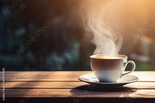 Coffee cup natural background, filled with rich, aromatic coffee with gentle wisp of steam rising from its surface