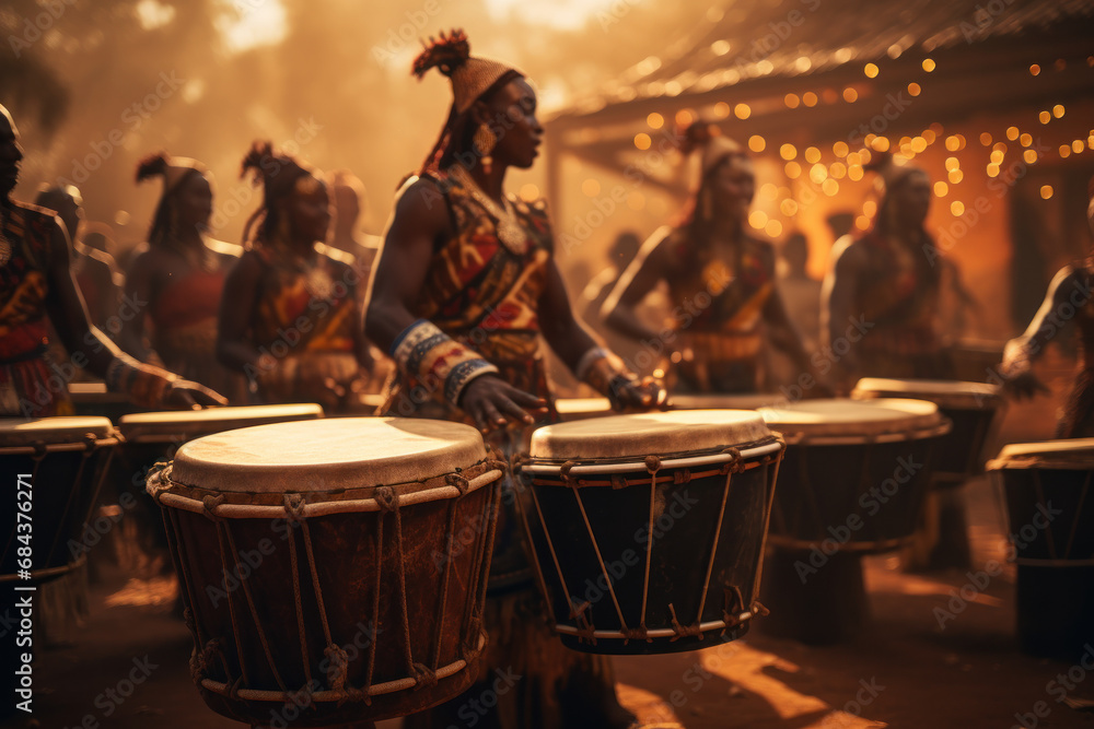 The rhythmic beats of traditional drums echoing through a village, encapsulating the heartbeat of African musical heritage. Concept of cultural cadence. Generative Ai. - obrazy, fototapety, plakaty 