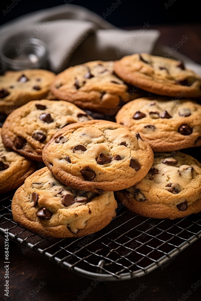 A tray of freshly baked chocolate chip cookies cooling on a wire rack