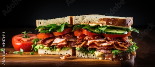 Chicken, bacon, tomato, cucumber, and herbs in a club sandwich.