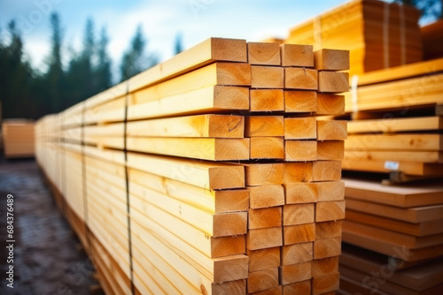 A stack of wooden boards, lumber, industrial wood, timber. Pine wood timber photo
