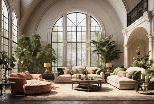 Luxurious Living Room with High Arched Ceilings and Abundant Natural Light