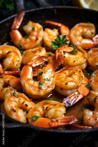 Close-up shot of sizzling garlic butter shrimp in a cast-iron skillet © Ibad