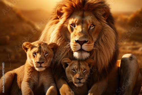A family of lions basking in the golden sunlight, portraying the regal grace and power of African wildlife. Concept of feline majesty. Generative Ai. photo