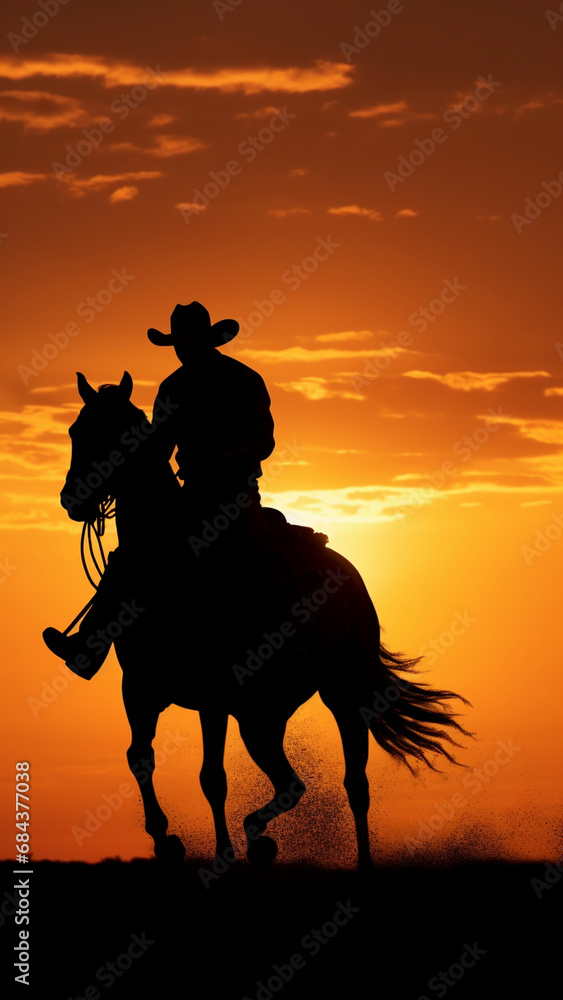 Silhouette of a cowboy riding a horse in a beautiful sunset.6