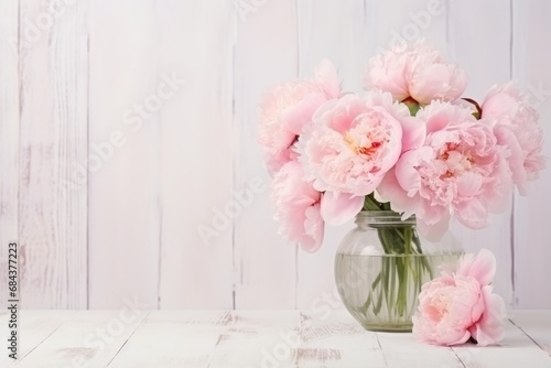 Flowers in a vase peonies and roses soft pastel color on wooden background. Beautiful composition. Valentine's Day, Easter, Birthday, Happy Women's Day, Mother's Day. View copy space