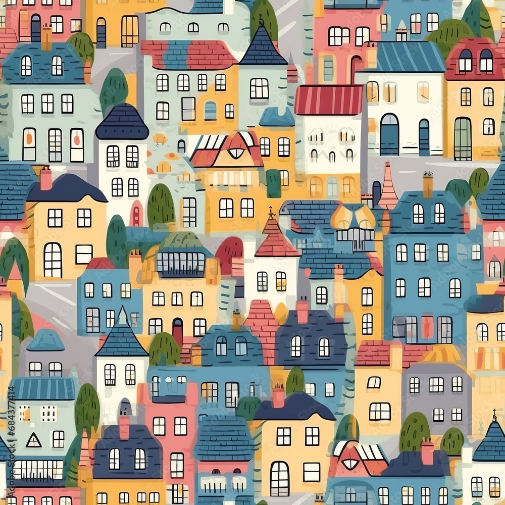 Enchanting Village Pathways: Whimsical Cobblestone and Colorful Houses Seamless Pattern
