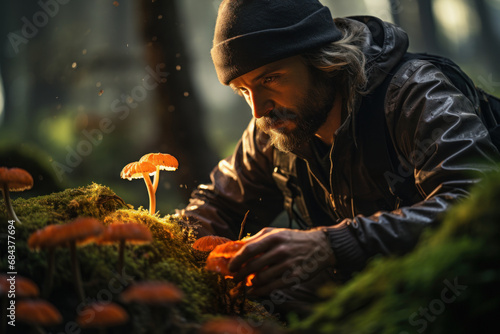 A mushroom forager searching for edible fungi in a lush forest. Concept of wild food gathering and sustainability. Generative Ai. photo