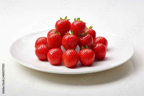 Juicy, ripe strawberries arranged beautifully on a white plate.