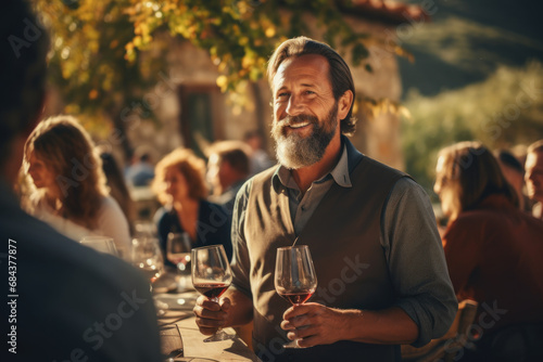 A winery owner hosting a wine tasting event in a picturesque vineyard. Concept of wine tourism and hospitality. Generative Ai. photo