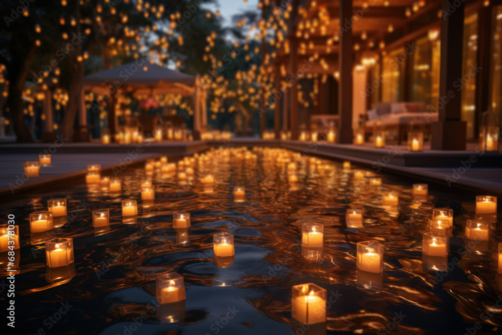 A pool adorned with floating lanterns for an enchanting evening event. Concept of poolside magic. Generative Ai.