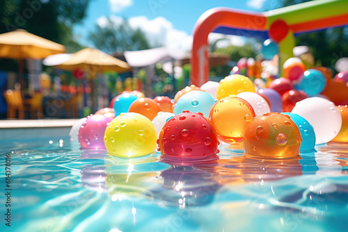 A pool covered in colorful pool toys  ready for a day of play. Concept of childhood summer fun. Generative Ai.