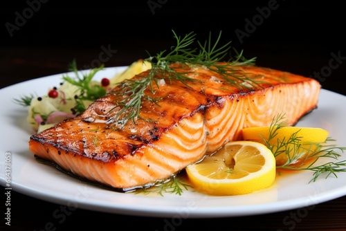 Mouthwatering grilled salmon fillet garnished with lemon and dill.