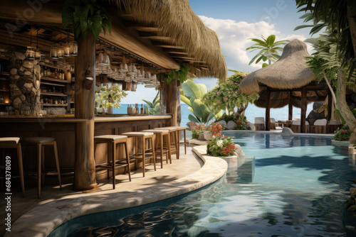 Fototapeta Naklejka Na Ścianę i Meble -  A resort pool with a built-in swim-up bar for tropical cocktails. Concept of vacation indulgence. Generative Ai.