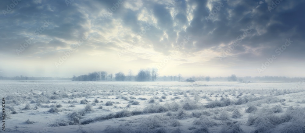 Dramatic sky, snow-covered country field on a winter morning.