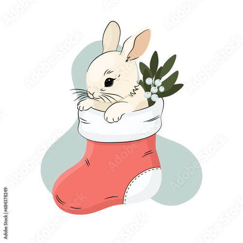 Mały królik w świątecznej skarpecie. Ilustracja wektorowa z motywem Bożego Narodzenia.