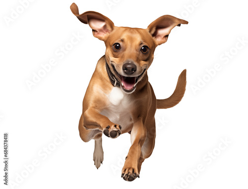 Happy brown dachshund jumping on camera isolated on transparent background, png. Dog running 