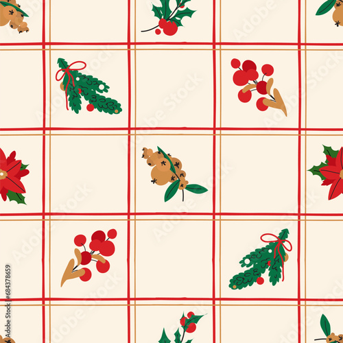 Holiday Tattersall seamless pattern with Christmas fir tree, snowberry and cotoneaster. Winter Vector Simple plaid background for print, fabric, wrapping paper, wallpaper, textile, cover, table cloth