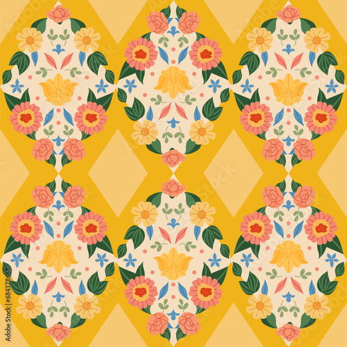 Garden flowers medallion vector seamless pattern. Vintage French Shabby Chic Bloom Cottage core aesthetic floral print for fabric, scrapbook, wrapping, card, cover