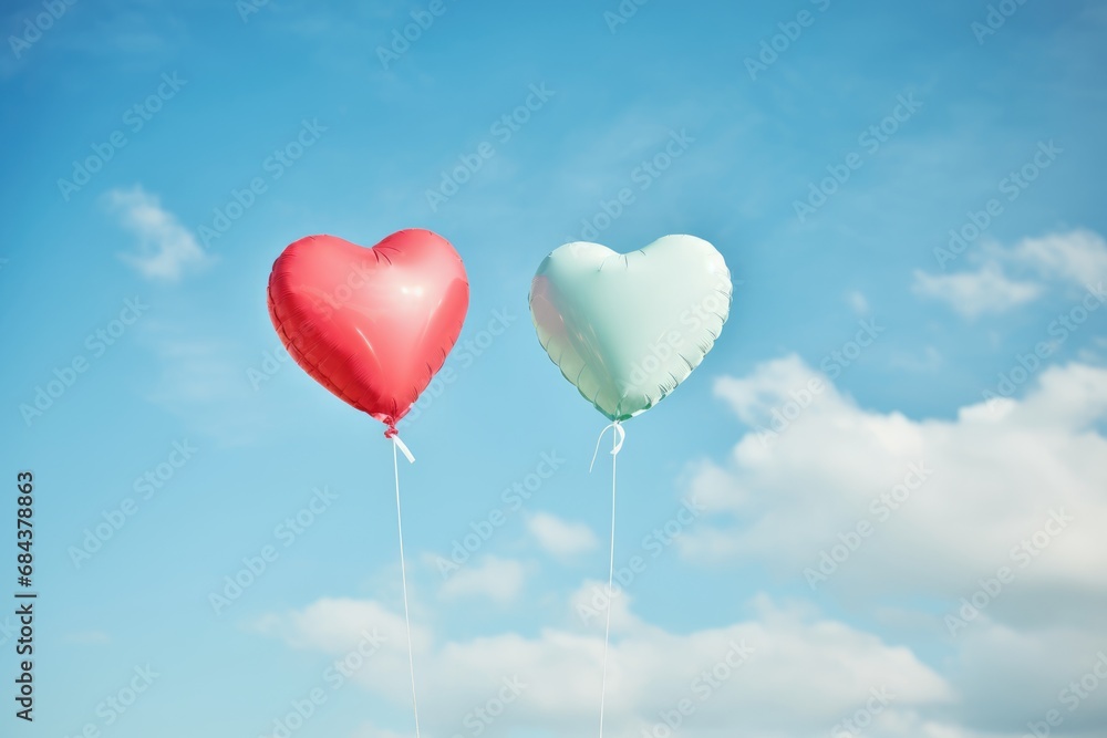 Two helium balloons in the shape of a heart are flying in the blue sky and among the white clouds. Poster and banner Valentine's Day