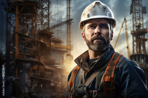 A tough guy with a hard hat, supervising the construction of a skyscraper. Concept of urban development. Generative Ai.