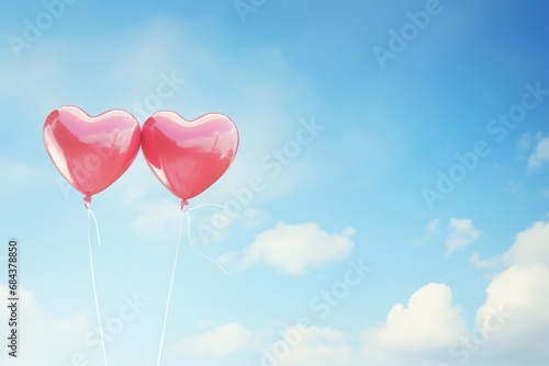 Two helium balloons in the shape of a heart are flying in the blue sky and among the white clouds. Poster and banner Valentine's Day