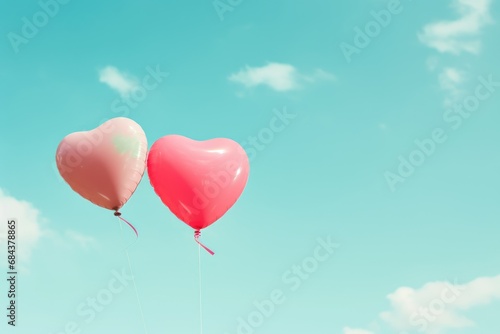 Two helium balloons in the shape of a heart are flying in the blue sky and among the white clouds. Poster and banner Valentine s Day