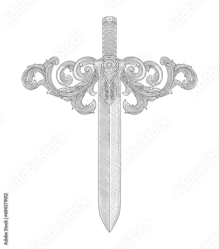 antique sword with ornament, vintage engraving drawing style illustration
