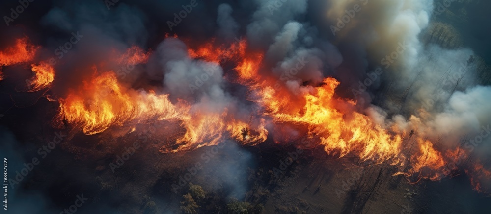 Aerial top view of a forest fire, burning grass with smoke and fire.