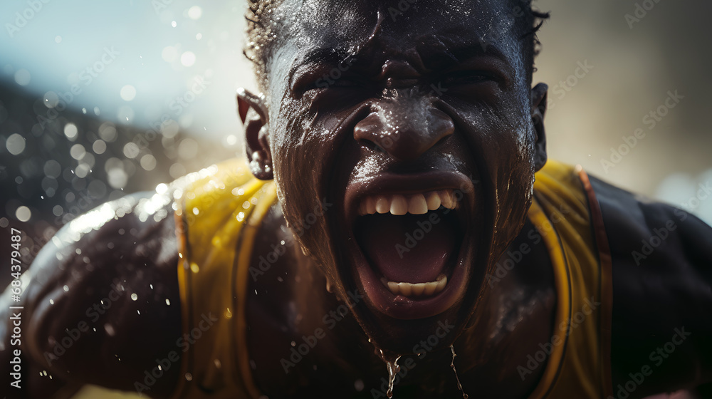 In the midst of stadium, an athlete stands, his face contorted in a wide-open expression, a perfect representation of raw emotion determination and untamed energy In the midst of stadium, an athlete stands, his face contorted in a wide-open expression, a perfect representation of raw emotion determination and untamed energy
