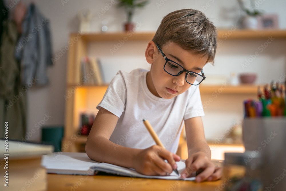 young boy child kid pupil study work on homework assignment at home young boy child kid pupil study work on homework assignment at home