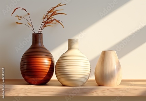 Tranquil Still Life of Three Vases on Wooden Table