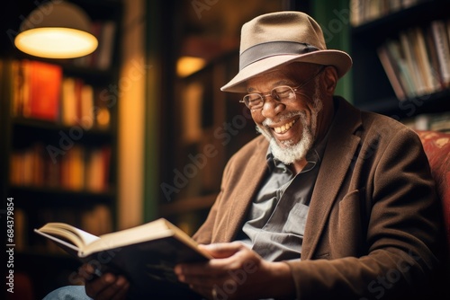 Joyful Elderly Man Reading a Book in a Cozy Library
 photo