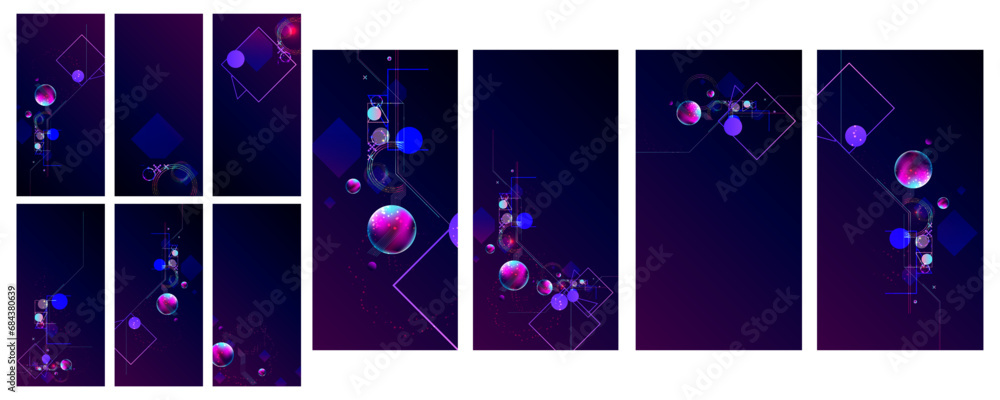 Set banners cards backgrounds of banner style of cosmos universe stars galaxy dark blue 3d futuristic background modern planets neon