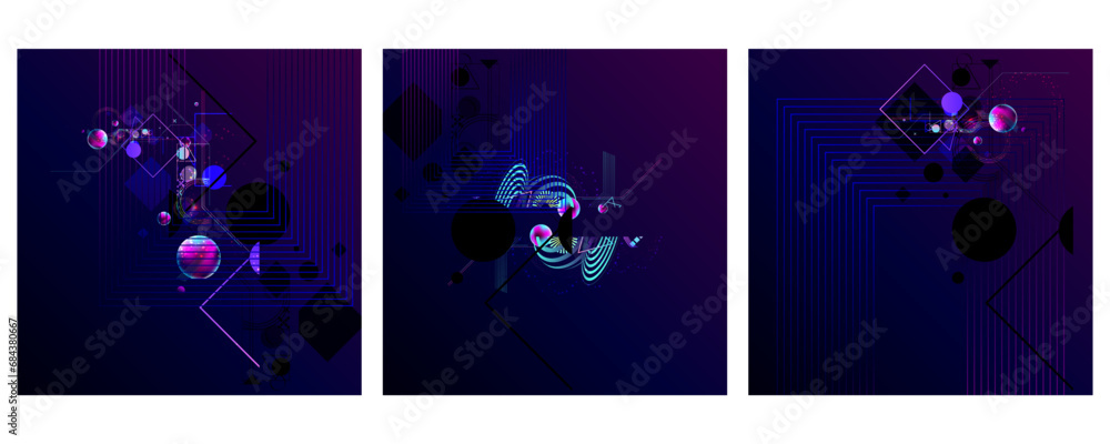 Set banners cards backgrounds of banner style of cosmos universe stars galaxy dark blue 3d futuristic background modern planets neon