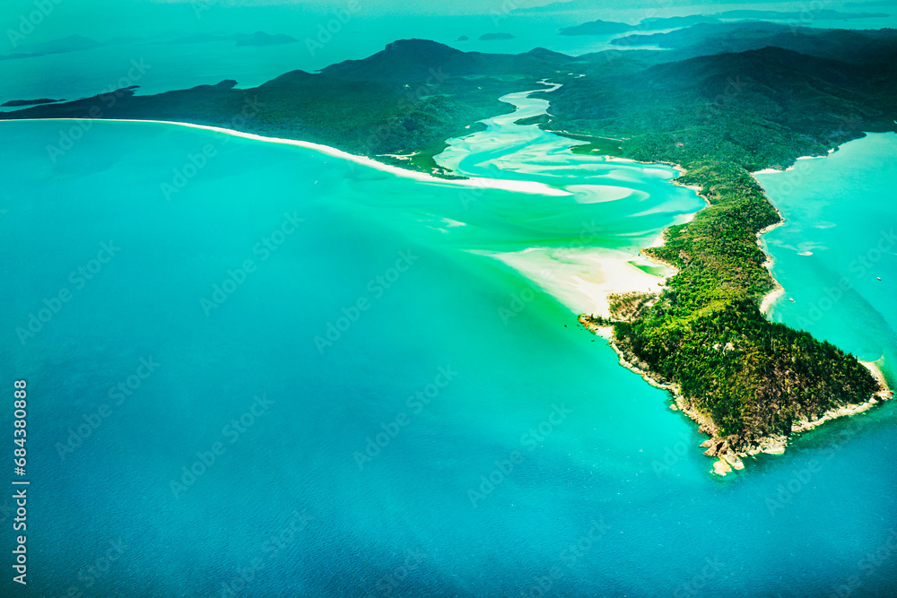 Aerial view of part of the Hill Inlet in Whitsunday Island near Great Barrier Reef, The reef is located in the Coral Sea, off the coast of Queensland, Australia. Dec 2019 - obrazy, fototapety, plakaty 