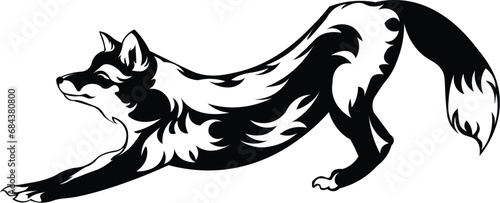 Cartoon Black and White Isolated Illustration Vector Of A Fox Stretching