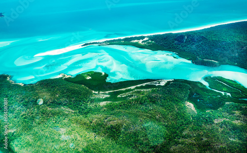 Aerial view of part of the Hill Inlet in Whitsunday Island near Great Barrier Reef, The reef is located in the Coral Sea, off the coast of Queensland, Australia. Dec 2019 © Wagner