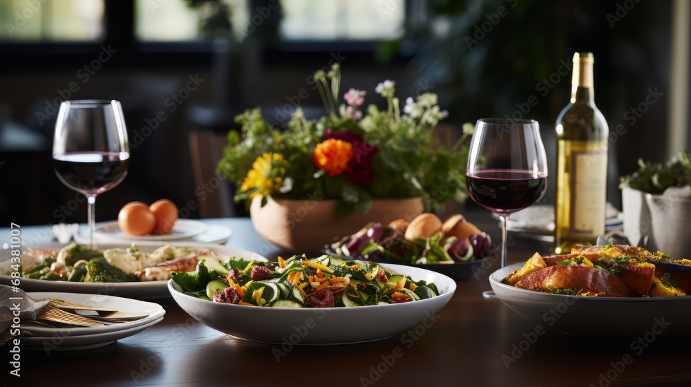 Healthy dinner with wine on the table at a restaurant, AI generate 