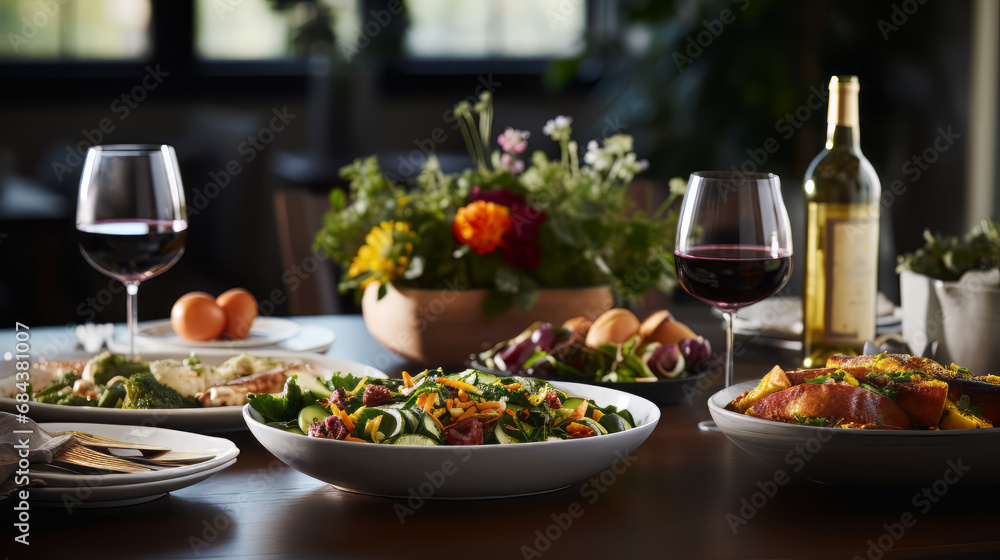 Healthy dinner with wine on the table at a restaurant, AI generate Healthy dinner with wine on the table at a restaurant, AI generate