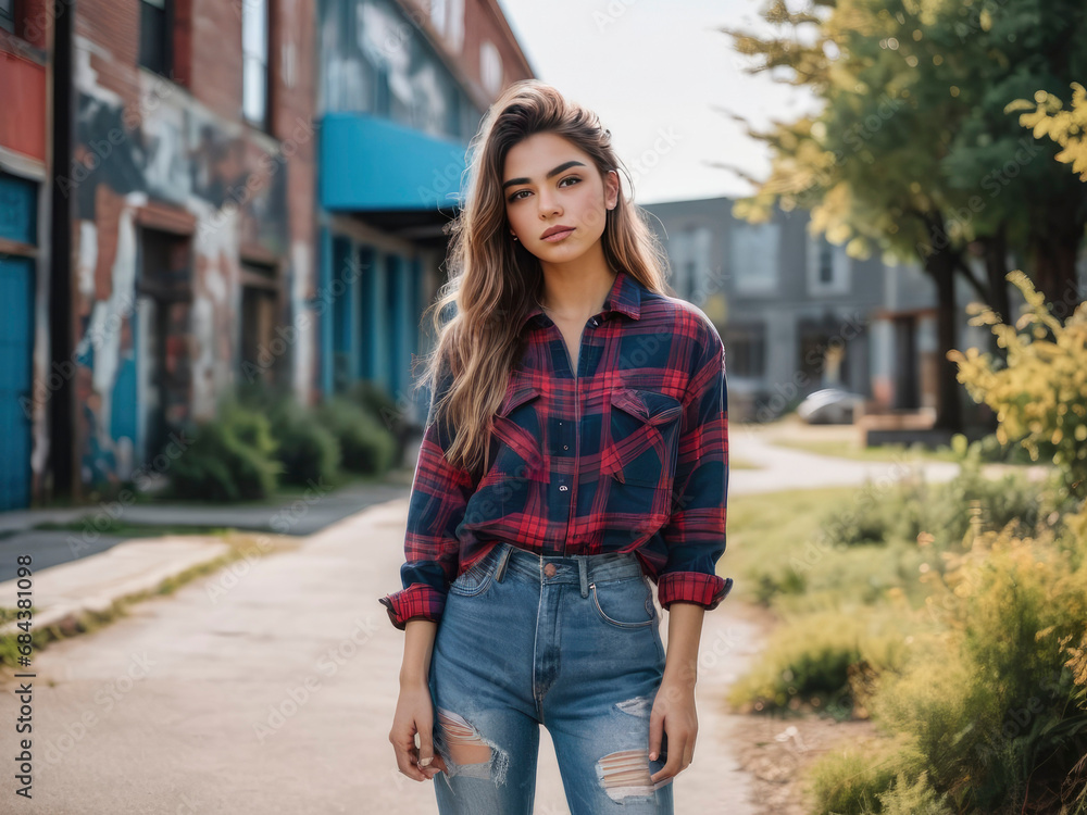 Pretty Grunge Woman Brown Hair Red Plaid Shirt Ripped Blue Jeans Outside Rundown Building Overgrown Weeds GenX