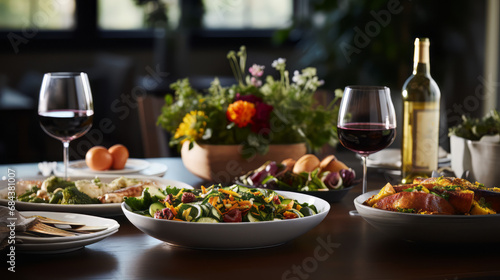 Healthy dinner with wine on the table at a restaurant  AI generate 