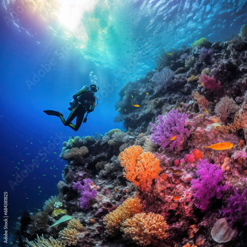  Deep-sea diver exploring a vibrant coral reef 