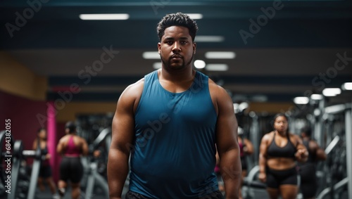 Shot showing heavyset person in the gym, wearing sports clothing, with exercise equipment in the background. Willing to train hard.