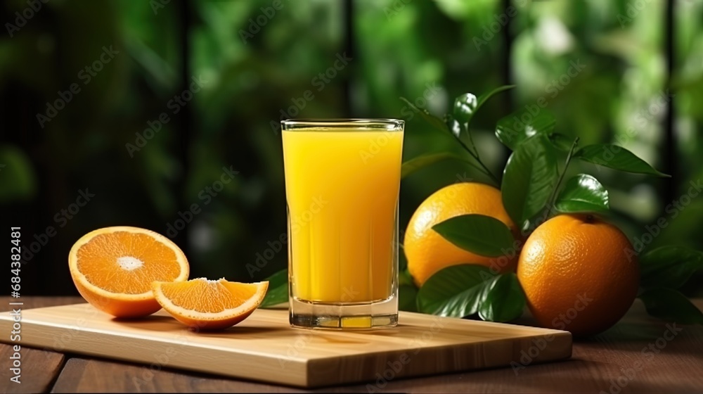 A glass of freshly squeezed orange juice on a wooden board A glass of freshly squeezed orange juice on a wooden board