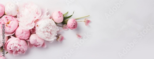 Flowers bouquet of peonies soft pastel color background. Beautiful composition. Valentine's Day, Easter, Birthday, Happy Women's Day, Mother's Day. Holiday poster and banner