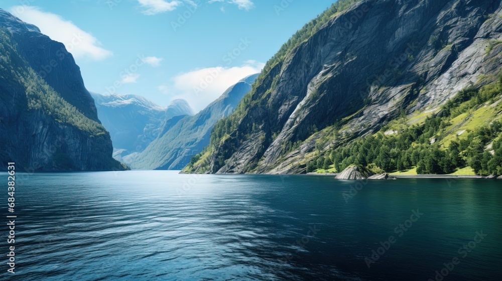 Fjord in Norway: a narrow fjord, surrounded by high cliffs and green meadows - obrazy, fototapety, plakaty 