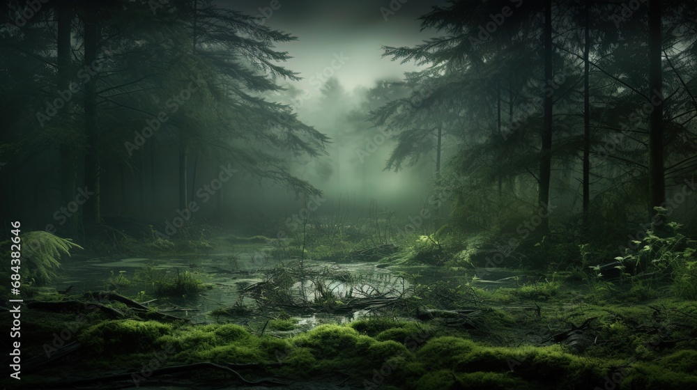 Fog forest: a forest, immersed in a fog, creating a mysterious atmosphere